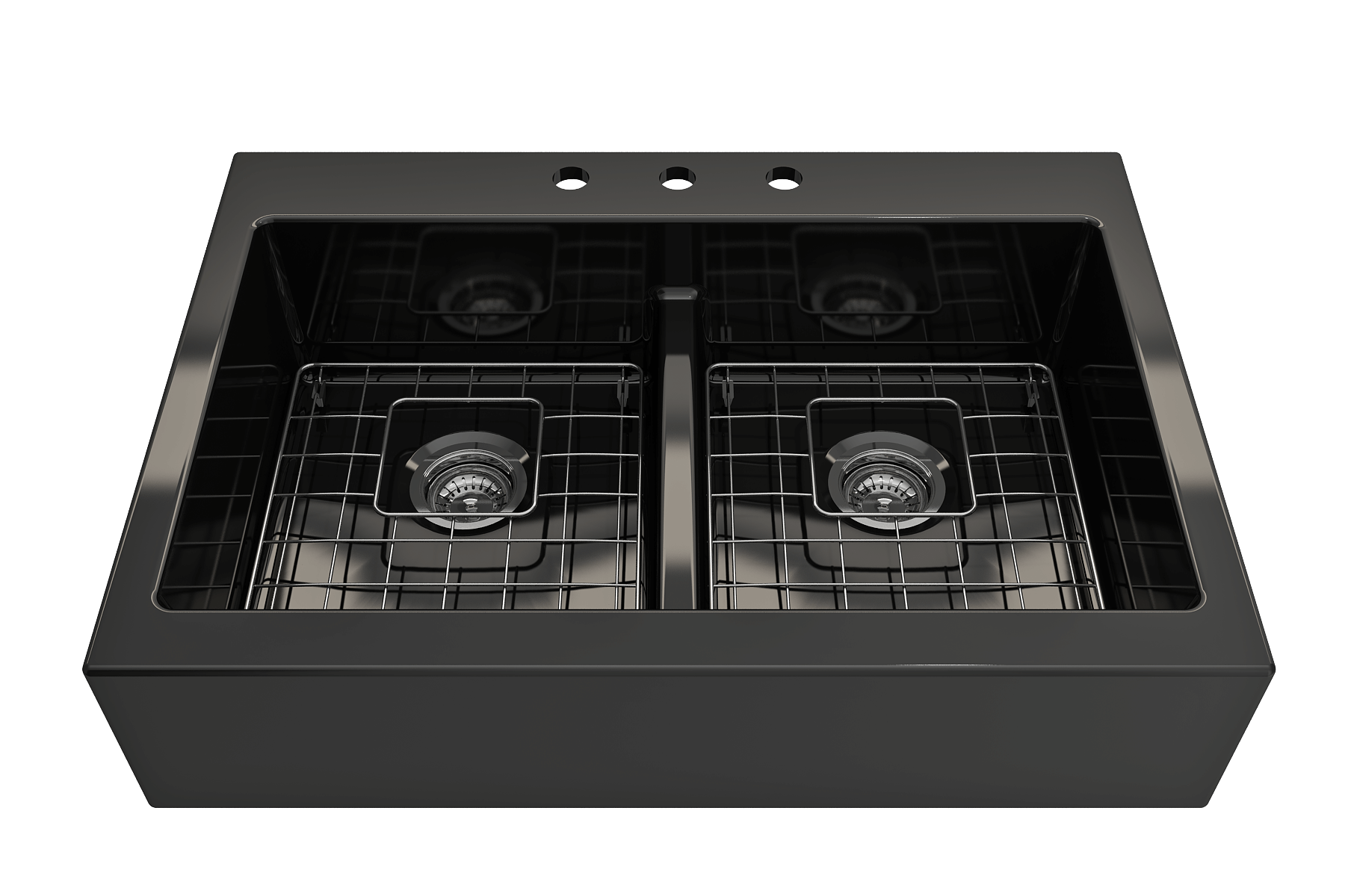 BOCCHI Nuova 34" Fireclay Retrofit Drop-In Farmhouse Sink with Accessories, 50/50 Double Bowl, Black, 1501-005-0127