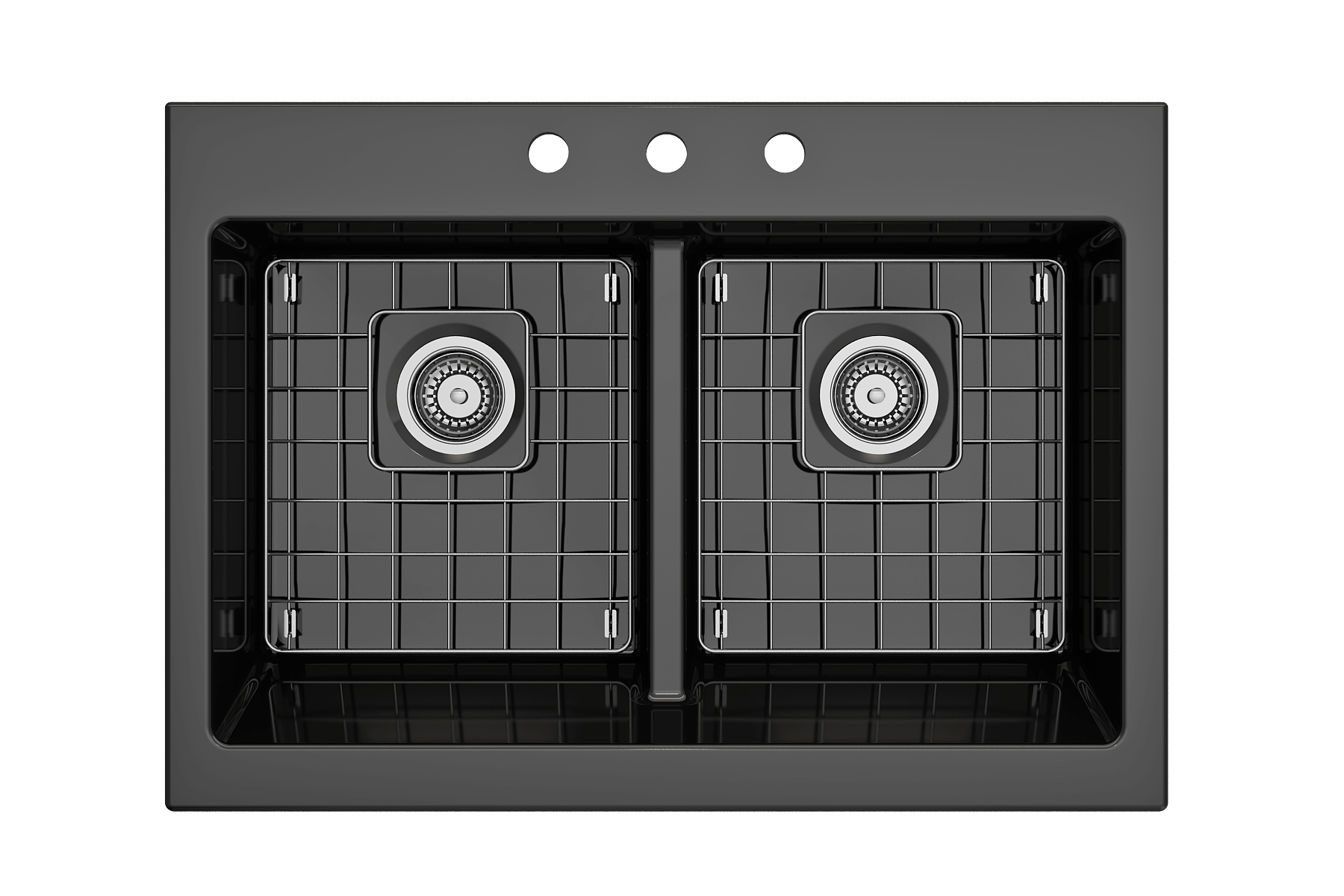 BOCCHI Nuova 34" Fireclay Retrofit Drop-In Farmhouse Sink with Accessories, 50/50 Double Bowl, Black, 1501-005-0127