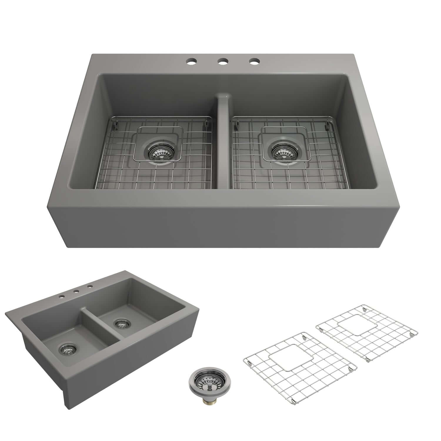 BOCCHI Nuova 34" Fireclay Retrofit Drop-In Farmhouse Sink with Accessories, 50/50 Double Bowl, Matte Gray, 1501-006-0127
