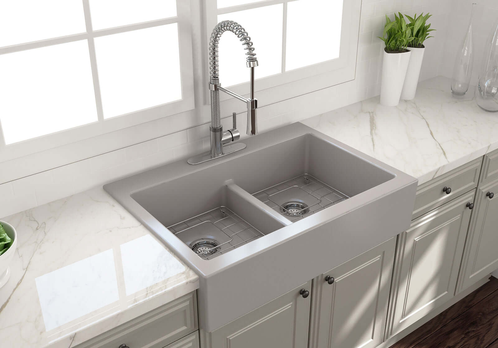BOCCHI Nuova 34" Fireclay Retrofit Drop-In Farmhouse Sink with Accessories, 50/50 Double Bowl, Matte Gray, 1501-006-0127