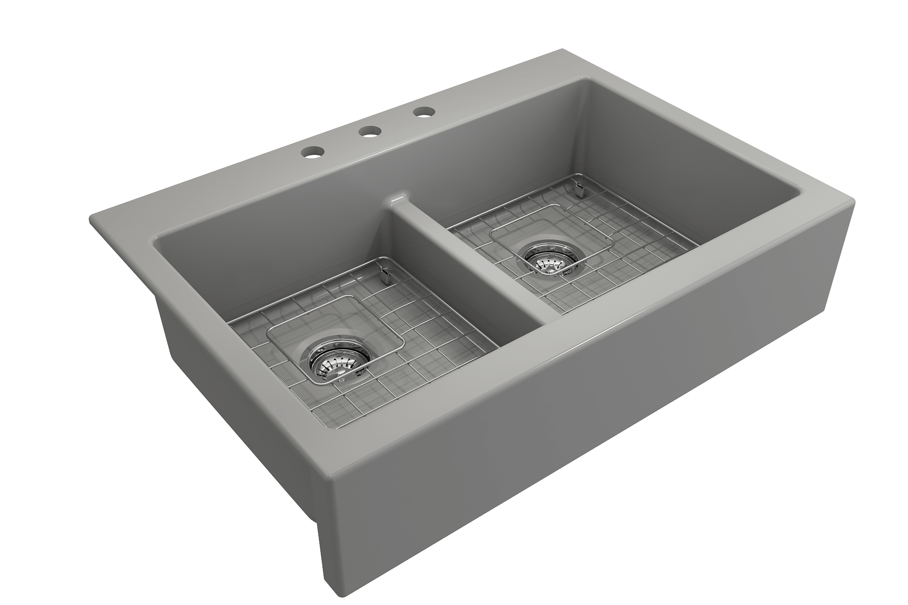 BOCCHI Nuova 34" Fireclay Retrofit Drop-In Farmhouse Sink with Accessories, 50/50 Double Bowl, Matte Gray, 1501-006-0127