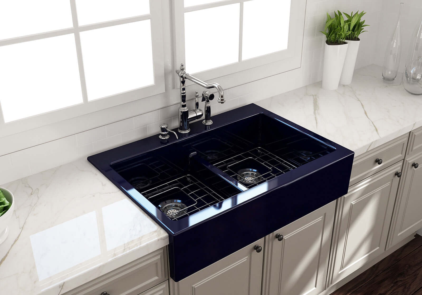 BOCCHI Nuova 34" Fireclay Retrofit Drop-In Farmhouse Sink with Accessories, 50/50 Double Bowl, Sapphire Blue, 1501-010-0127