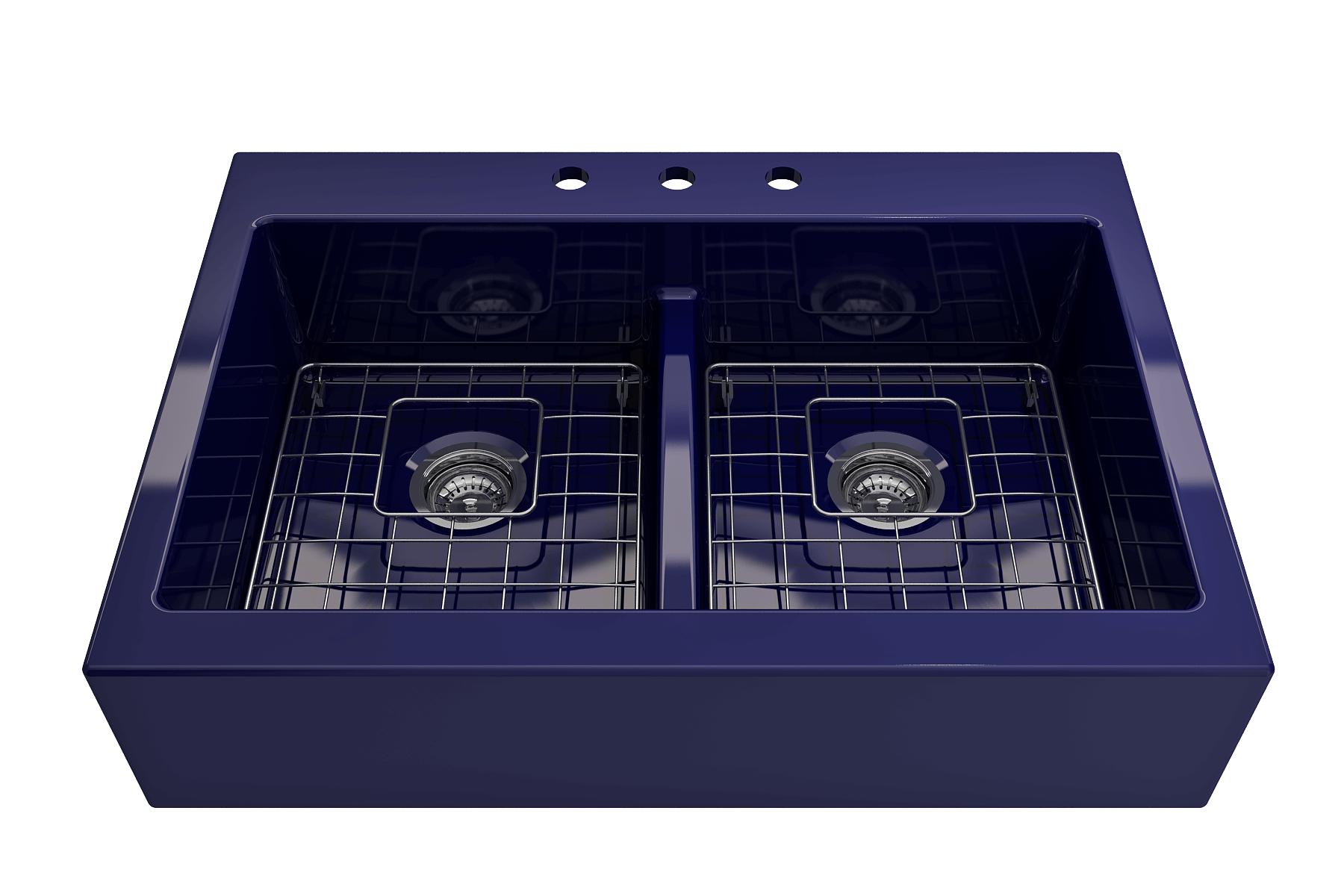 BOCCHI Nuova 34" Fireclay Retrofit Drop-In Farmhouse Sink with Accessories, 50/50 Double Bowl, Sapphire Blue, 1501-010-0127