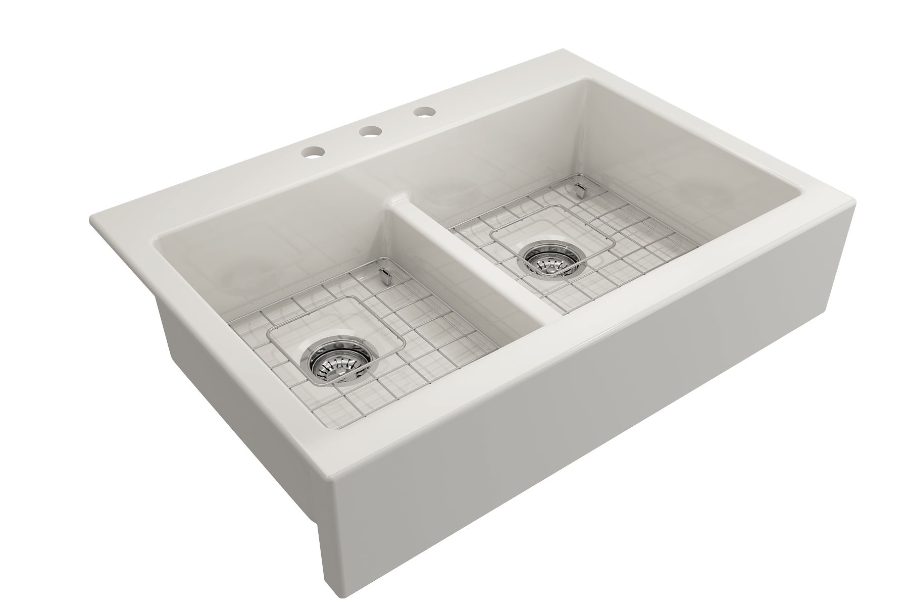 BOCCHI Nuova 34" Fireclay Retrofit Drop-In Farmhouse Sink with Accessories, 50/50 Double Bowl, Biscuit, 1501-014-0127