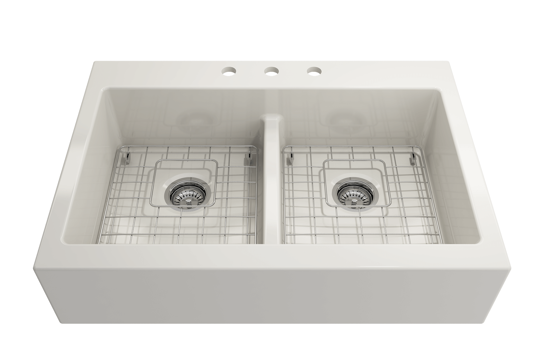 BOCCHI Nuova 34" Fireclay Retrofit Drop-In Farmhouse Sink with Accessories, 50/50 Double Bowl, Biscuit, 1501-014-0127