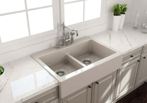 Alternate Image for BOCCHI Nuova 34" Fireclay Retrofit Drop-In Farmhouse Sink with Accessories, 50/50 Double Bowl, Biscuit, 1501-014-0127
