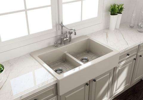 BOCCHI Nuova 34" Fireclay Retrofit Drop-In Farmhouse Sink with Accessories, 50/50 Double Bowl, Biscuit, 1501-014-0127