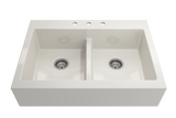 BOCCHI Nuova 34" Fireclay Retrofit Drop-In Farmhouse Sink with Accessories, 50/50 Double Bowl, Biscuit, 1501-014-0127