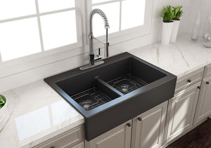 Alternate Image for BOCCHI Nuova 34" Fireclay Retrofit Drop-In Farmhouse Sink with Accessories, 50/50 Double Bowl, Matte Dark Gray, 1501-020-0127