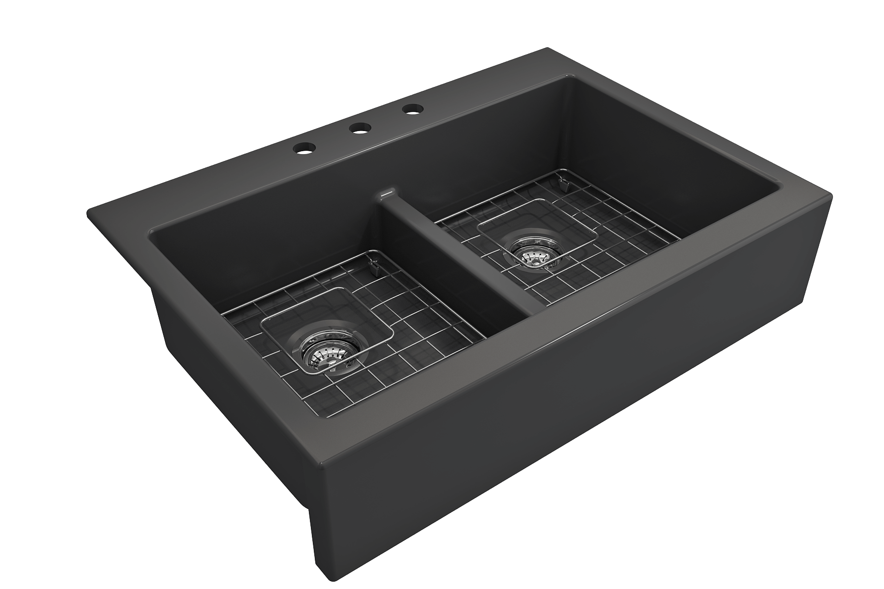 BOCCHI Nuova 34" Fireclay Retrofit Drop-In Farmhouse Sink with Accessories, 50/50 Double Bowl, Matte Dark Gray, 1501-020-0127