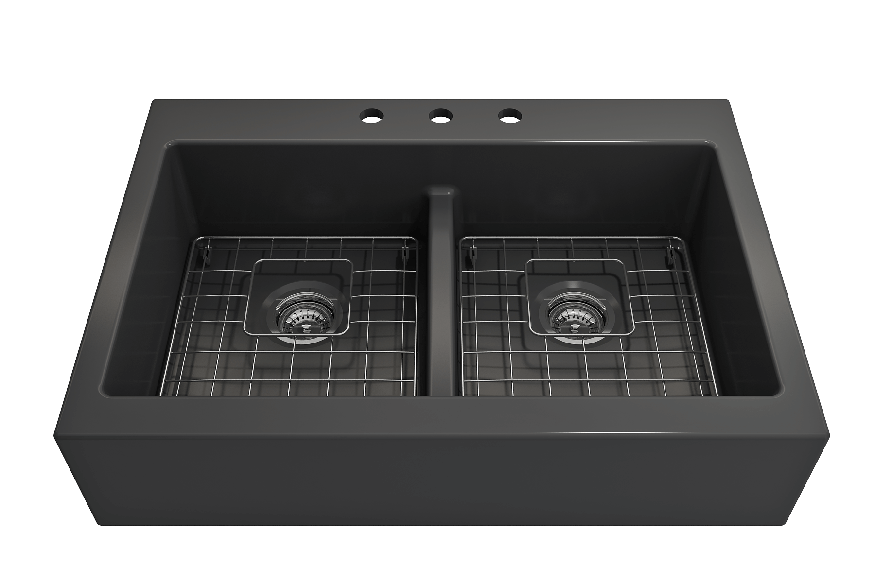 BOCCHI Nuova 34" Fireclay Retrofit Drop-In Farmhouse Sink with Accessories, 50/50 Double Bowl, Matte Dark Gray, 1501-020-0127