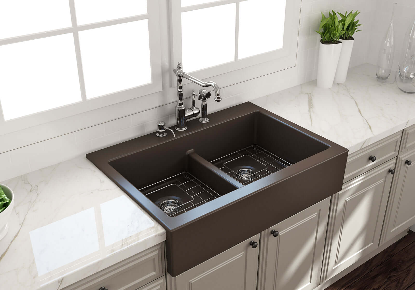 BOCCHI Nuova 34" Fireclay Retrofit Drop-In Farmhouse Sink with Accessories, 50/50 Double Bowl, Matte Brown, 1501-025-0127