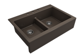 BOCCHI Nuova 34" Fireclay Retrofit Drop-In Farmhouse Sink with Accessories, 50/50 Double Bowl, Matte Brown, 1501-025-0127