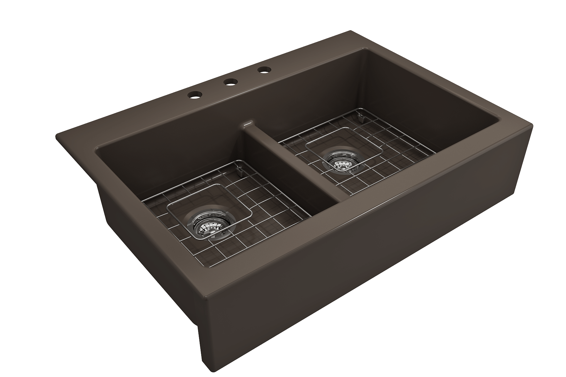 BOCCHI Nuova 34" Fireclay Retrofit Drop-In Farmhouse Sink with Accessories, 50/50 Double Bowl, Matte Brown, 1501-025-0127