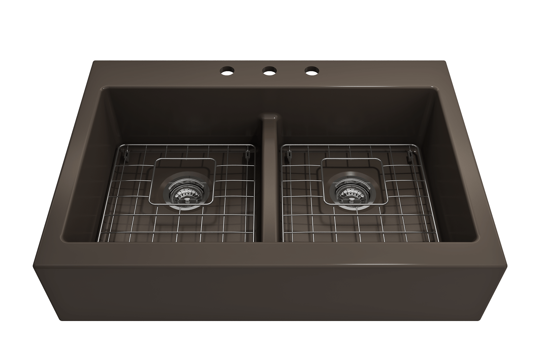 BOCCHI Nuova 34" Fireclay Retrofit Drop-In Farmhouse Sink with Accessories, 50/50 Double Bowl, Matte Brown, 1501-025-0127