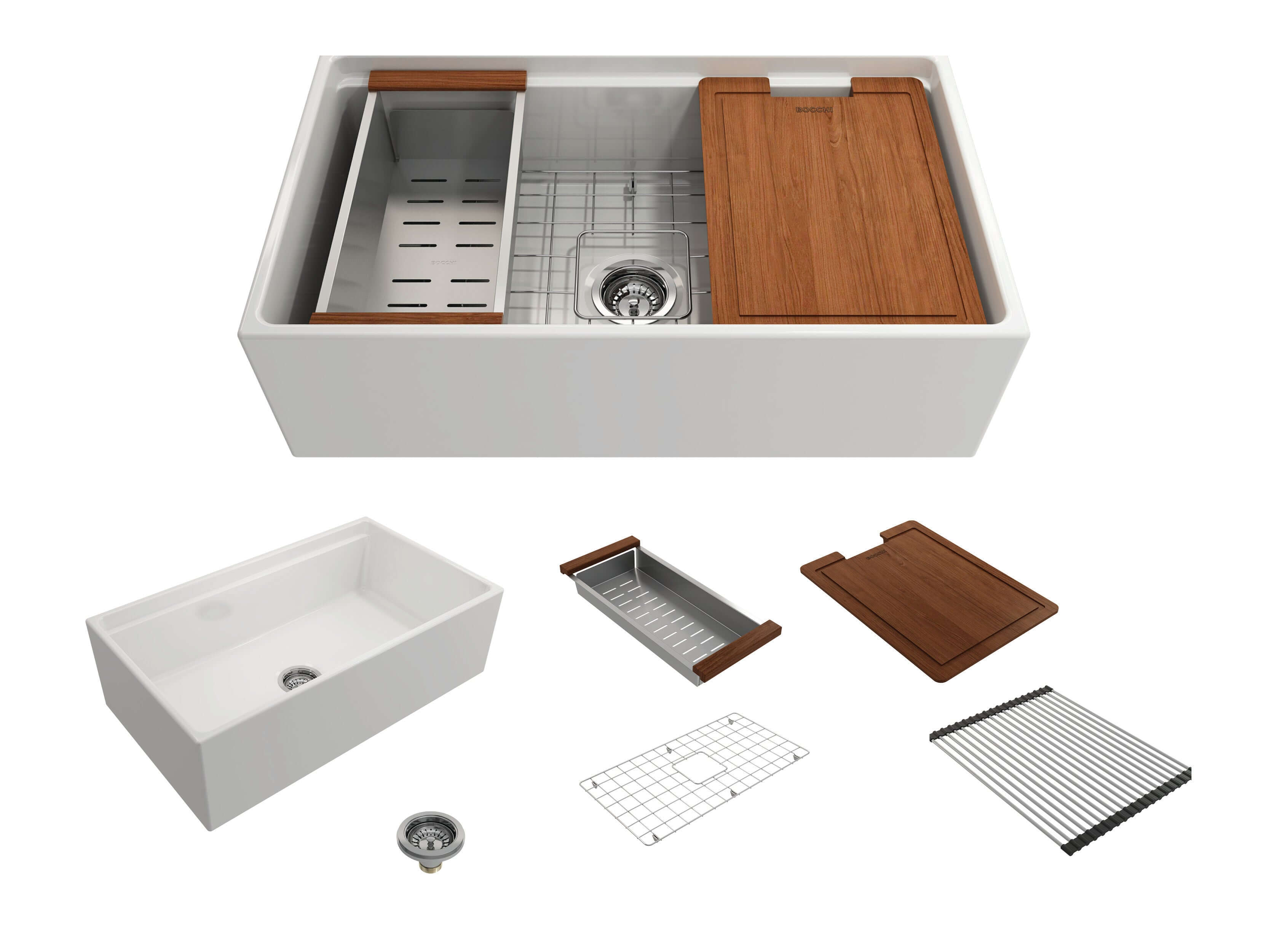 BOCCHI Contempo 33" Fireclay Workstation Farmhouse Sink with Accessories, White, 1504-001-0120