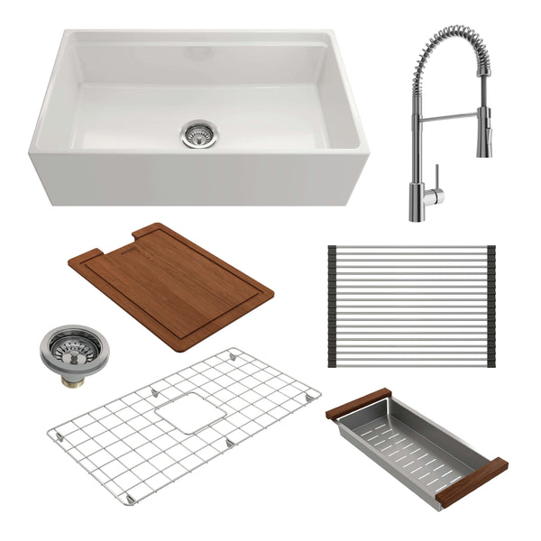BOCCHI Contempo 33" Fireclay Workstation Farmhouse Sink Kit with Faucet and Accessories, White (sink) / Chrome (faucet), 1504-001-2020CH