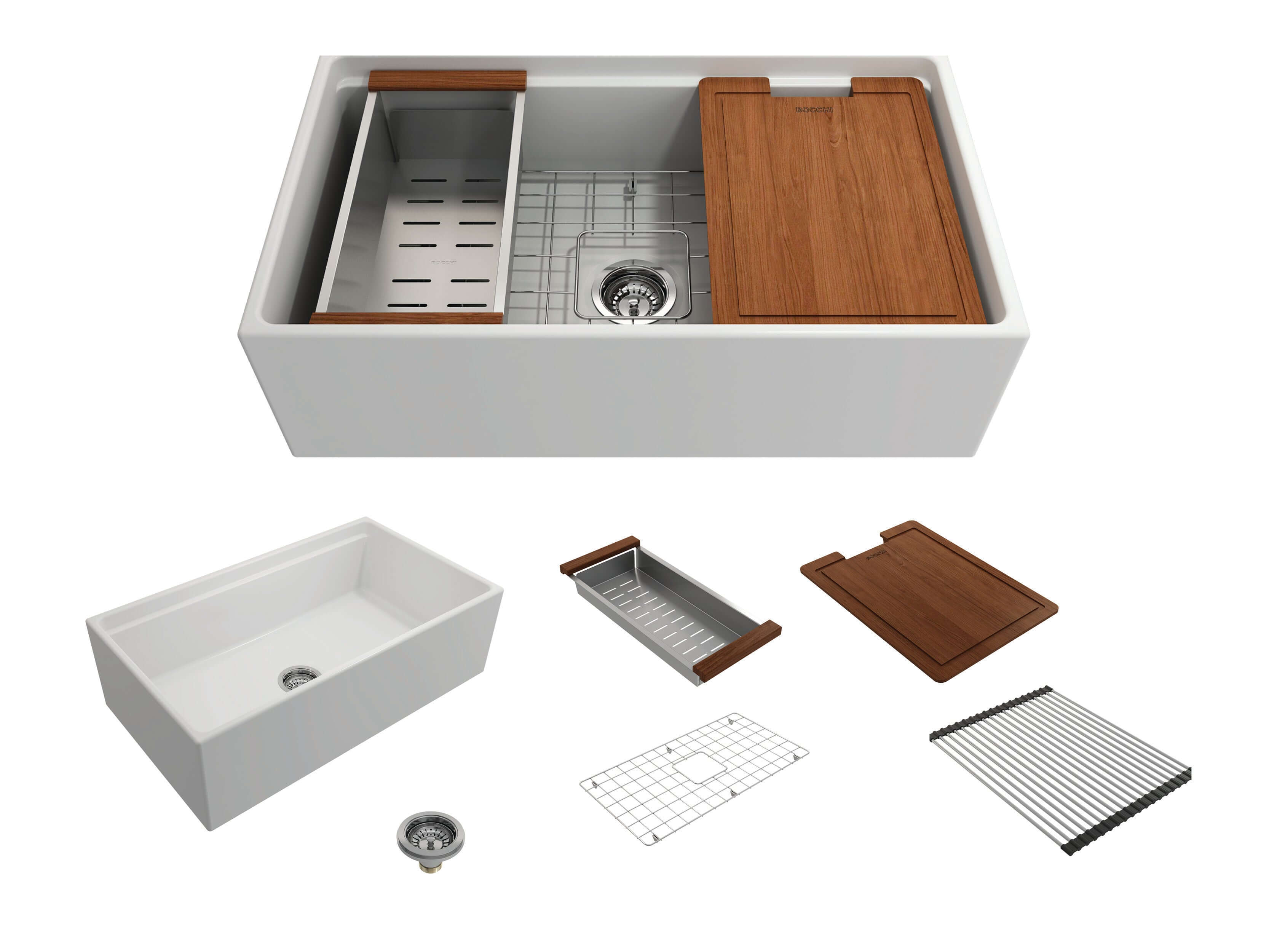 BOCCHI Contempo 33" Fireclay Workstation Farmhouse Sink with Accessories, Matte White, 1504-002-0120
