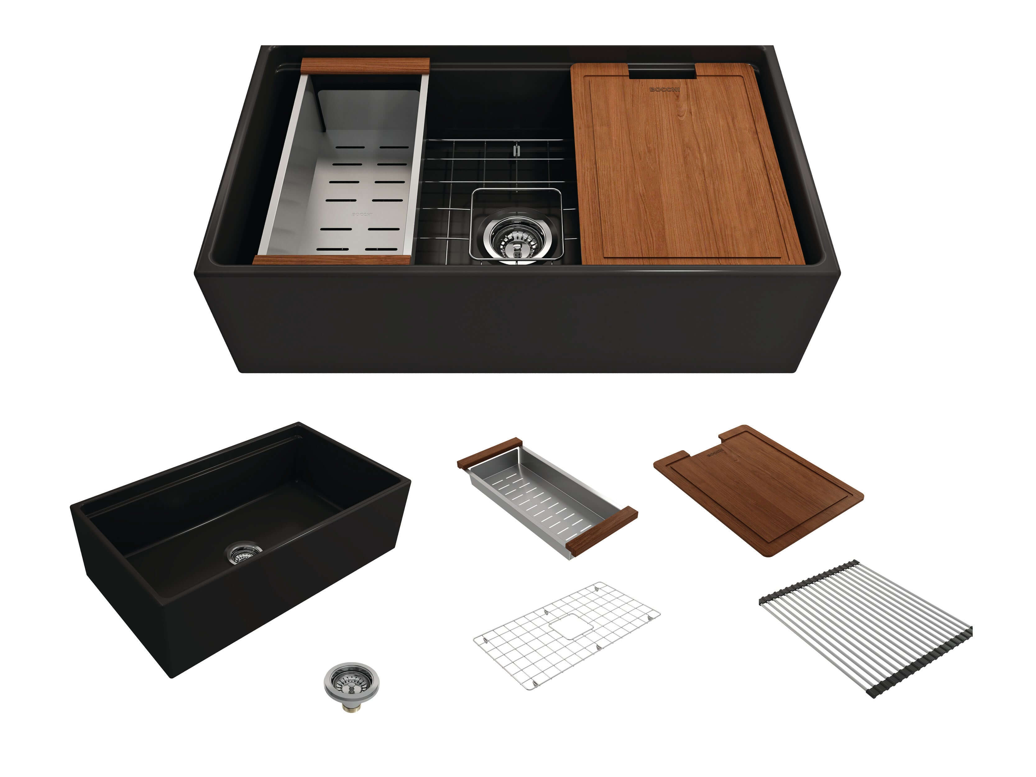 BOCCHI Contempo 33" Fireclay Workstation Farmhouse Sink with Accessories, Matte Black, 1504-004-0120