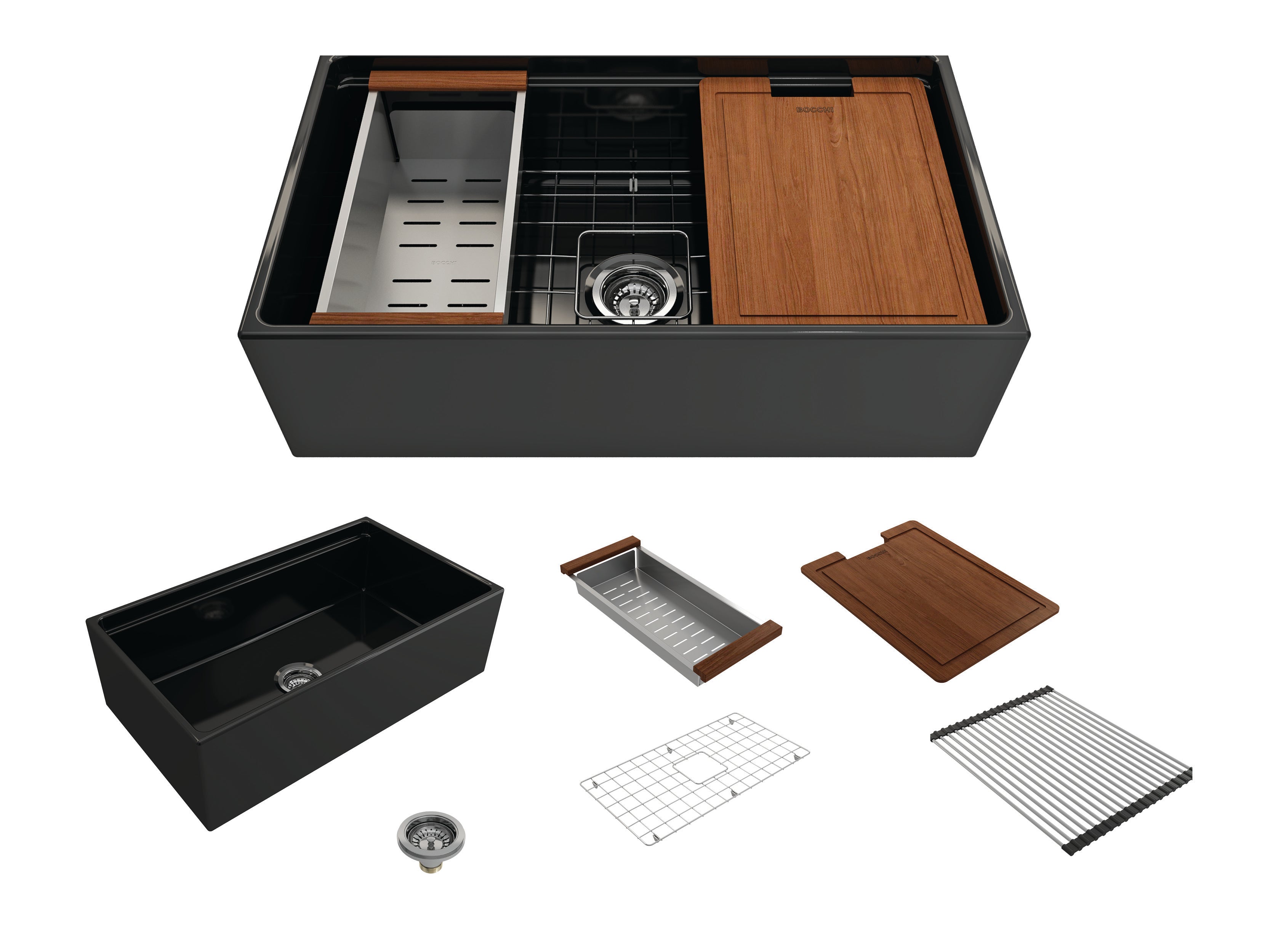 BOCCHI Contempo 33" Fireclay Workstation Farmhouse Sink with Accessories, Black, 1504-005-0120
