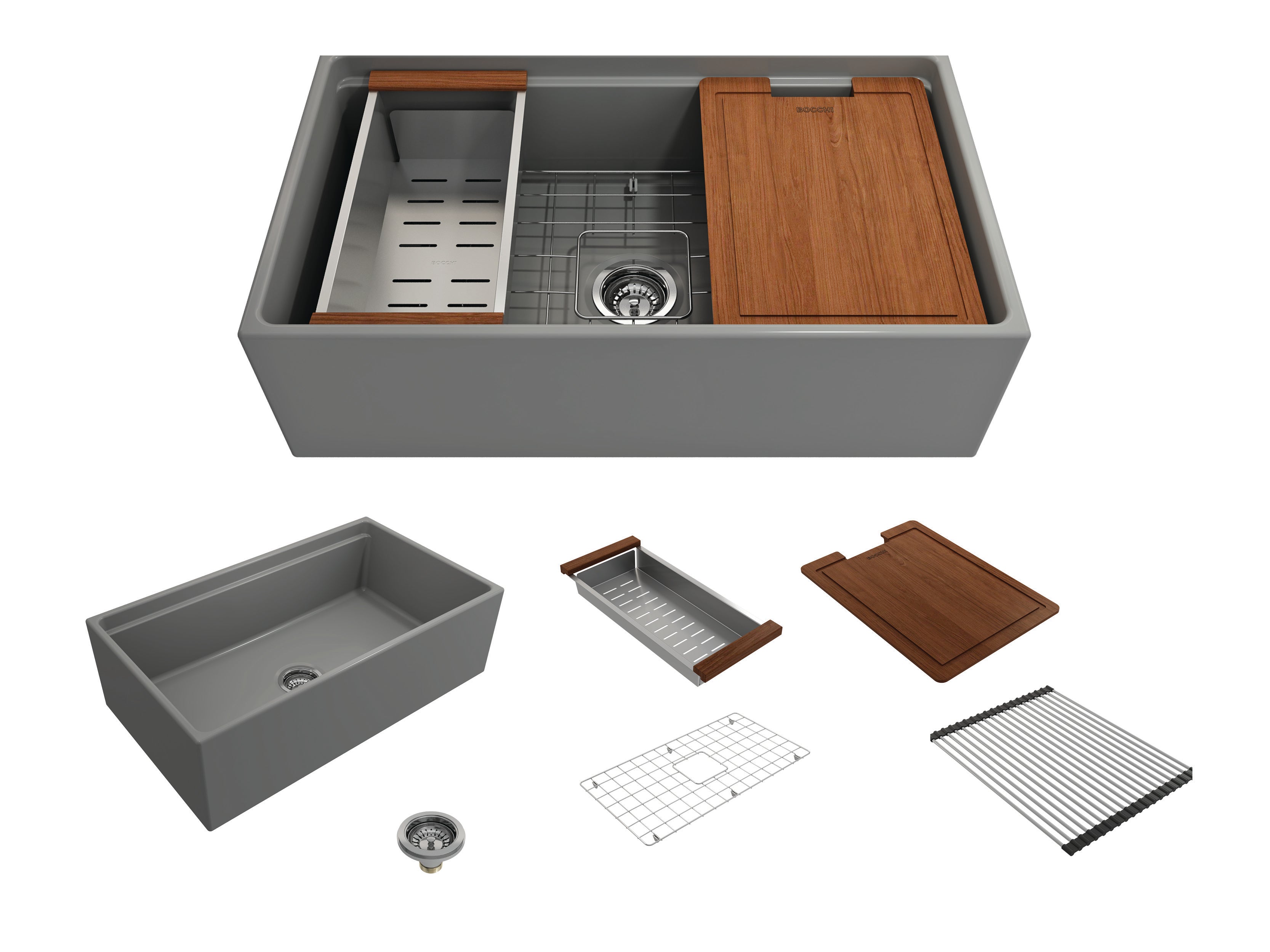 BOCCHI Contempo 33" Fireclay Workstation Farmhouse Sink with Accessories, Matte Gray, 1504-006-0120