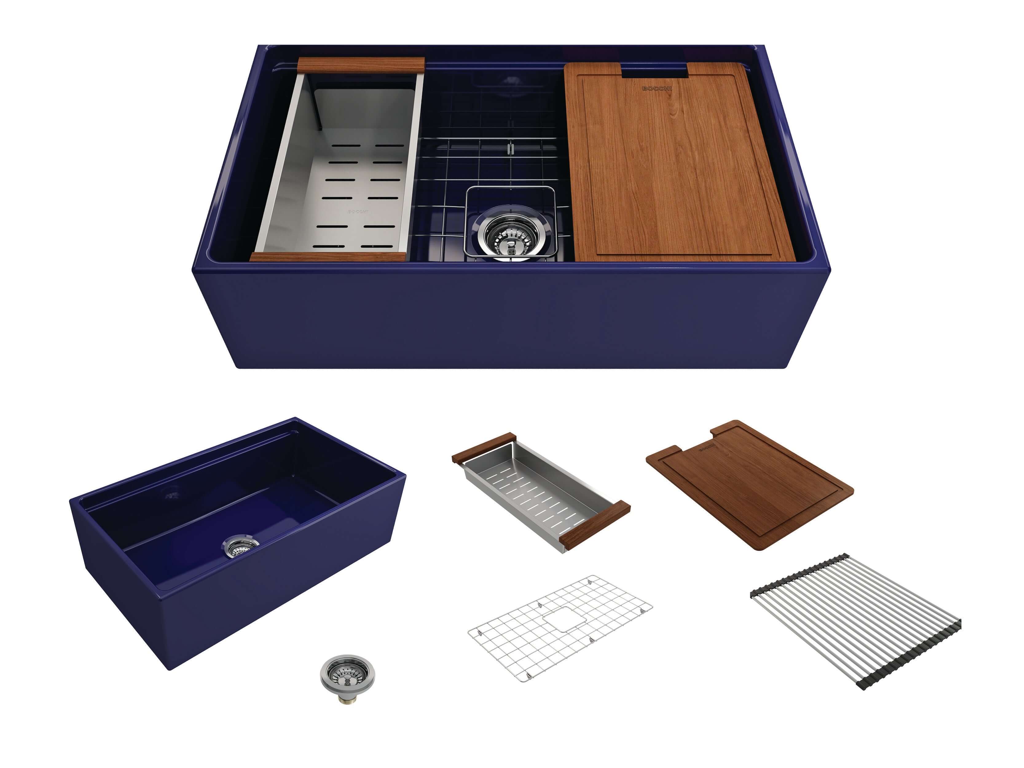 BOCCHI Contempo 33" Fireclay Workstation Farmhouse Sink with Accessories, Sapphire Blue, 1504-010-0120