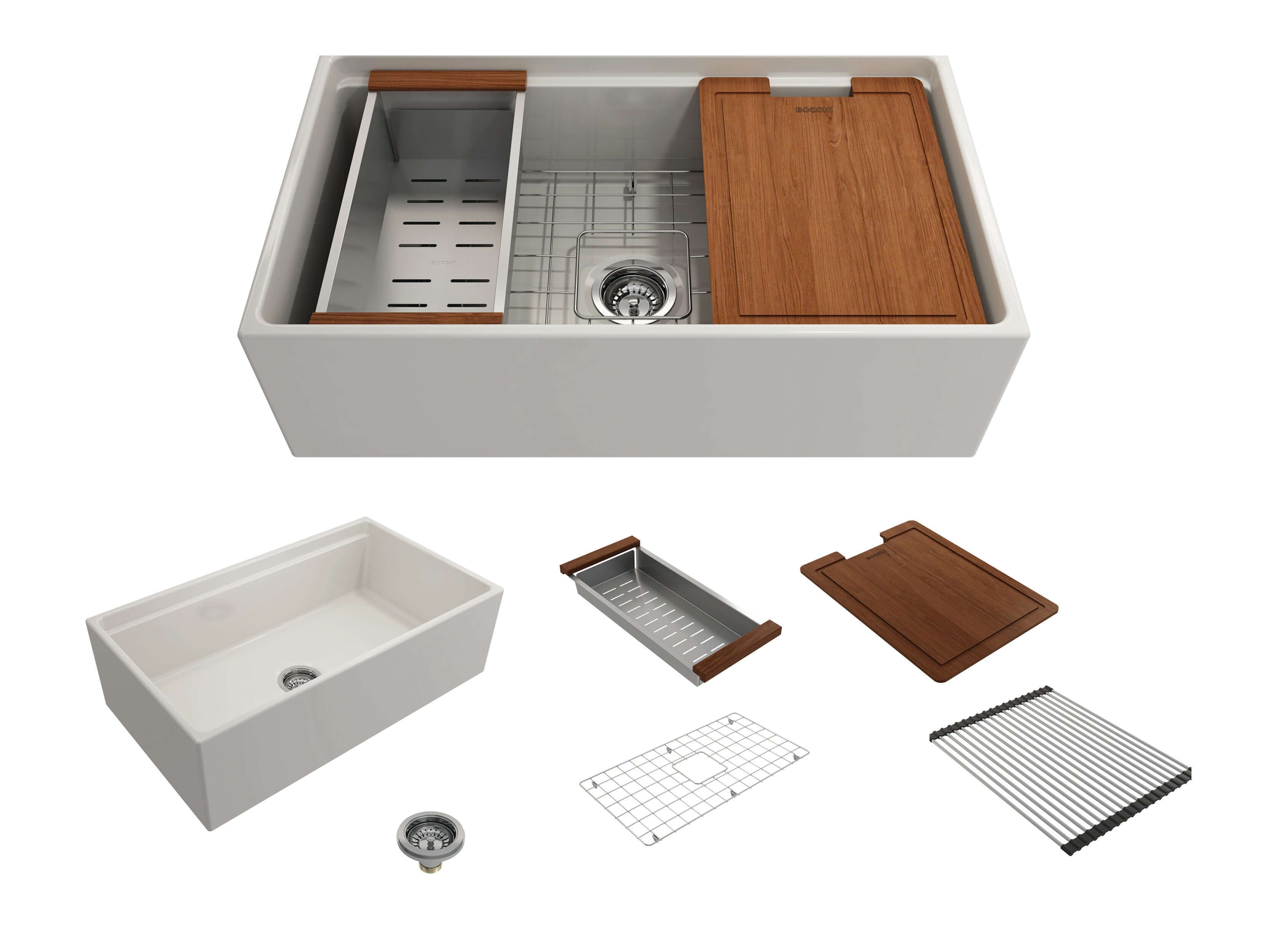 BOCCHI Contempo 33" Fireclay Workstation Farmhouse Sink with Accessories, Biscuit, 1504-014-0120