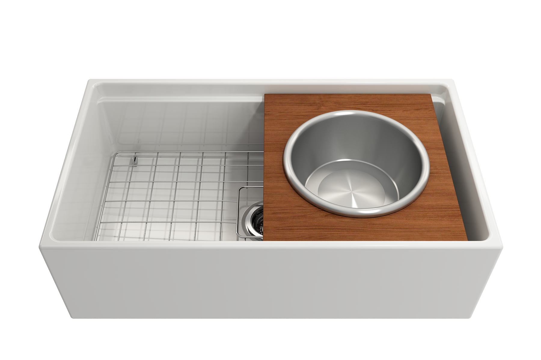 BOCCHI Wood Board with Large Round Stainless Steel Mixing Bowl and Colander
