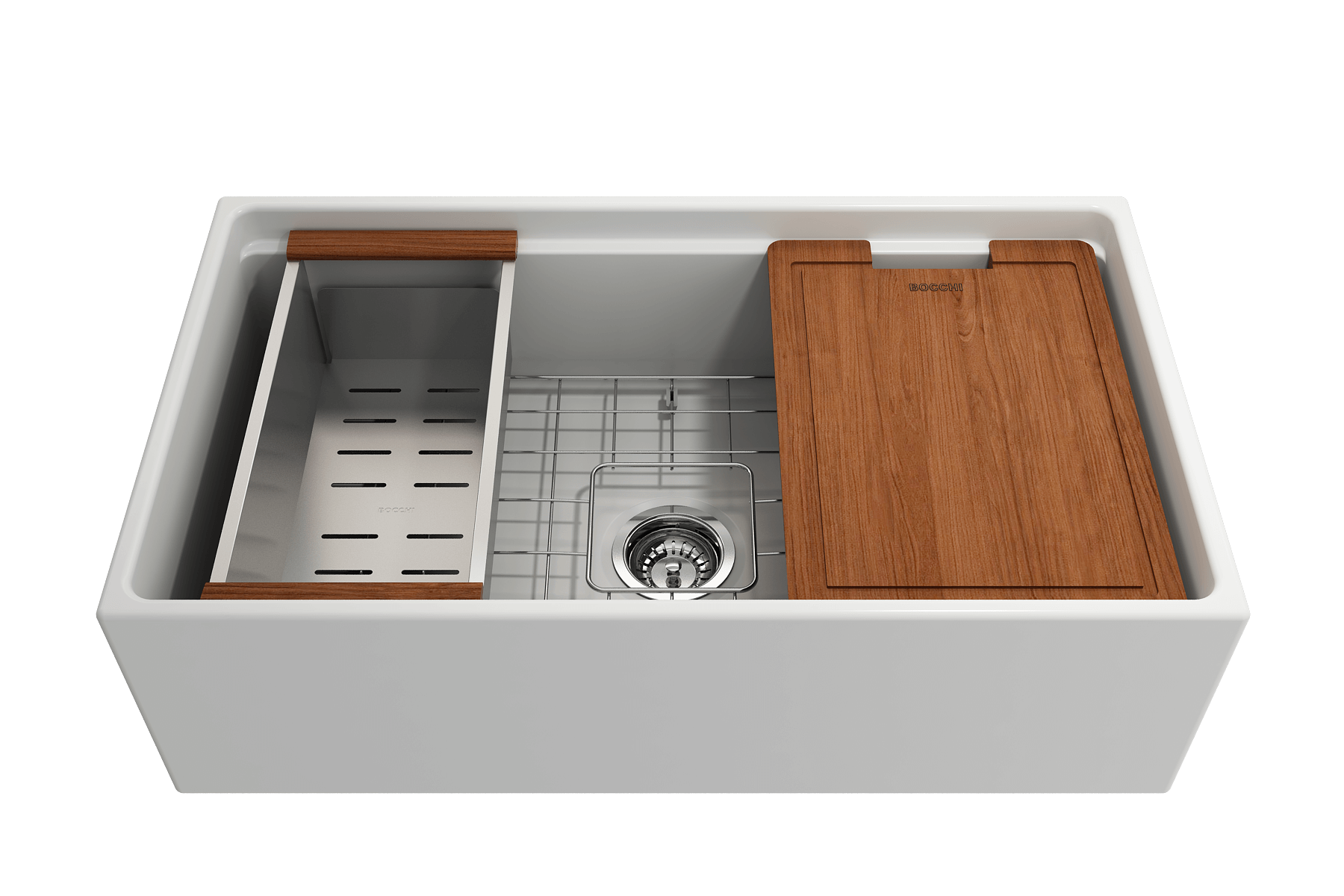 BOCCHI Contempo 33" Fireclay Workstation Farmhouse Sink with Accessories, Matte White, 1504-002-0120