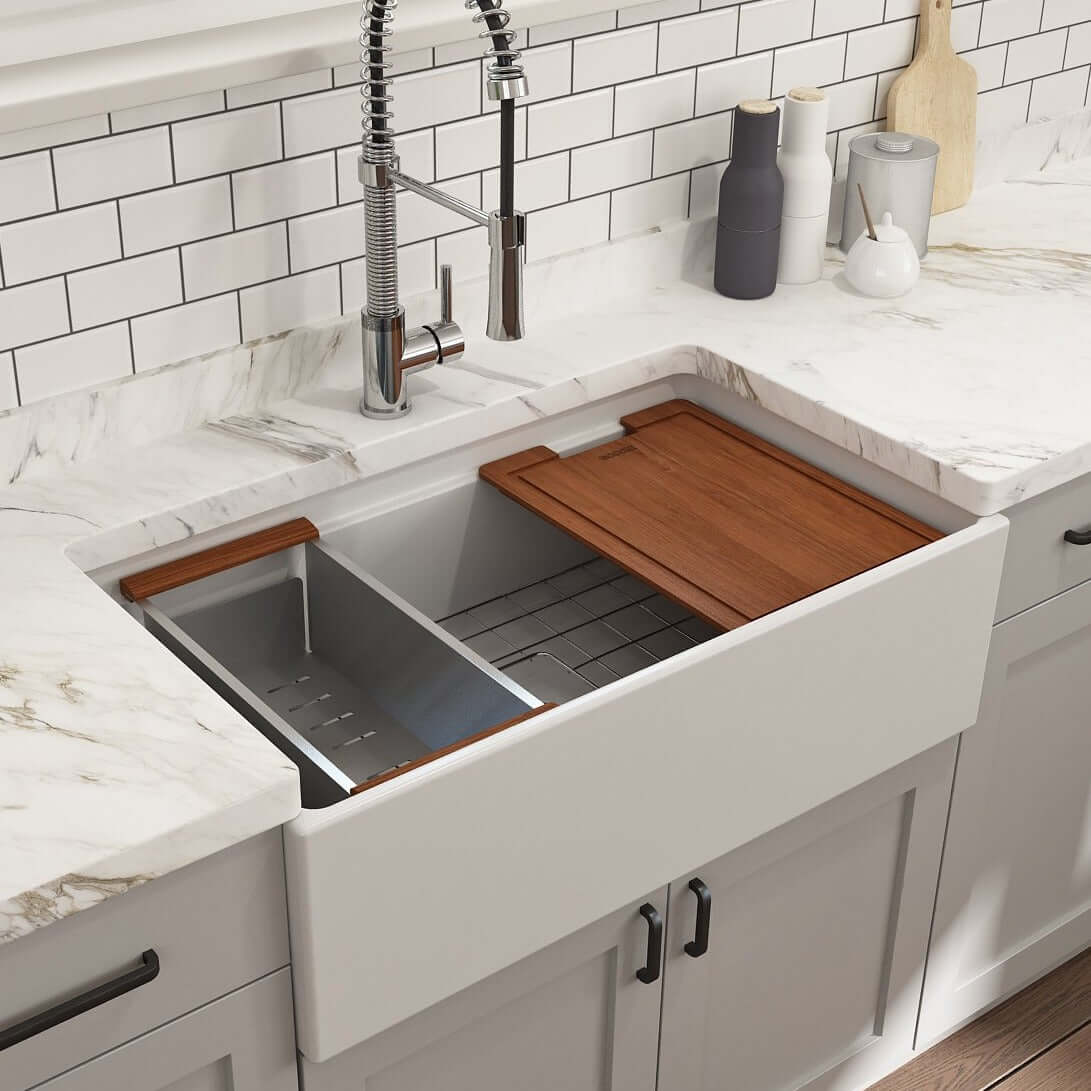 BOCCHI Contempo 33" Fireclay Workstation Farmhouse Sink with Accessories, Matte White, 1504-002-0120