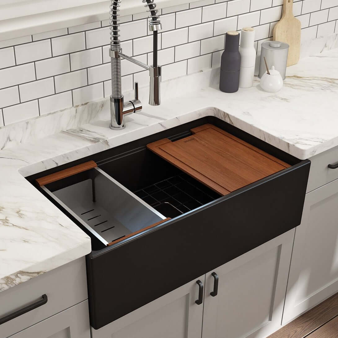 BOCCHI Contempo 33" Fireclay Workstation Farmhouse Sink with Accessories, Matte Black, 1504-004-0120