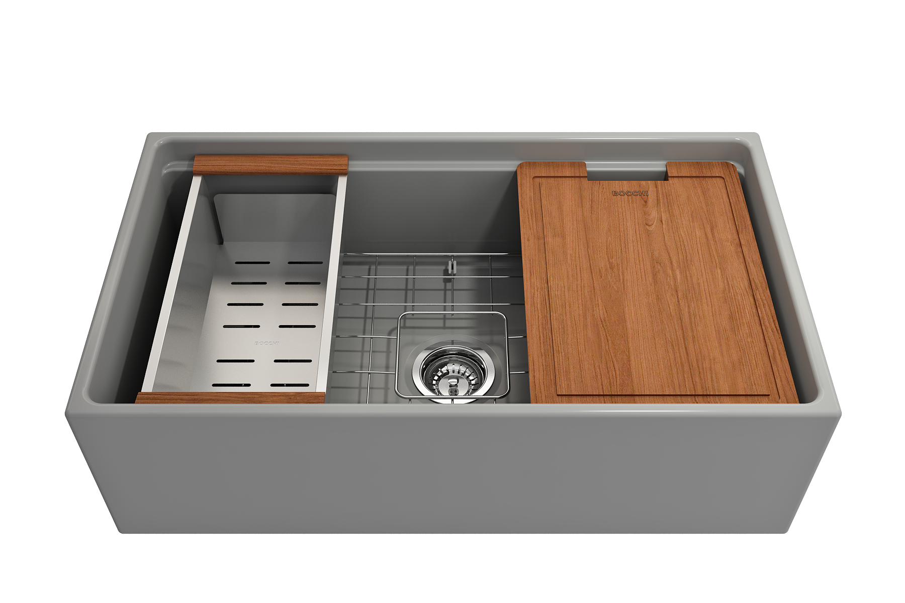 BOCCHI Contempo 33" Fireclay Workstation Farmhouse Sink with Accessories, Matte Gray, 1504-006-0120