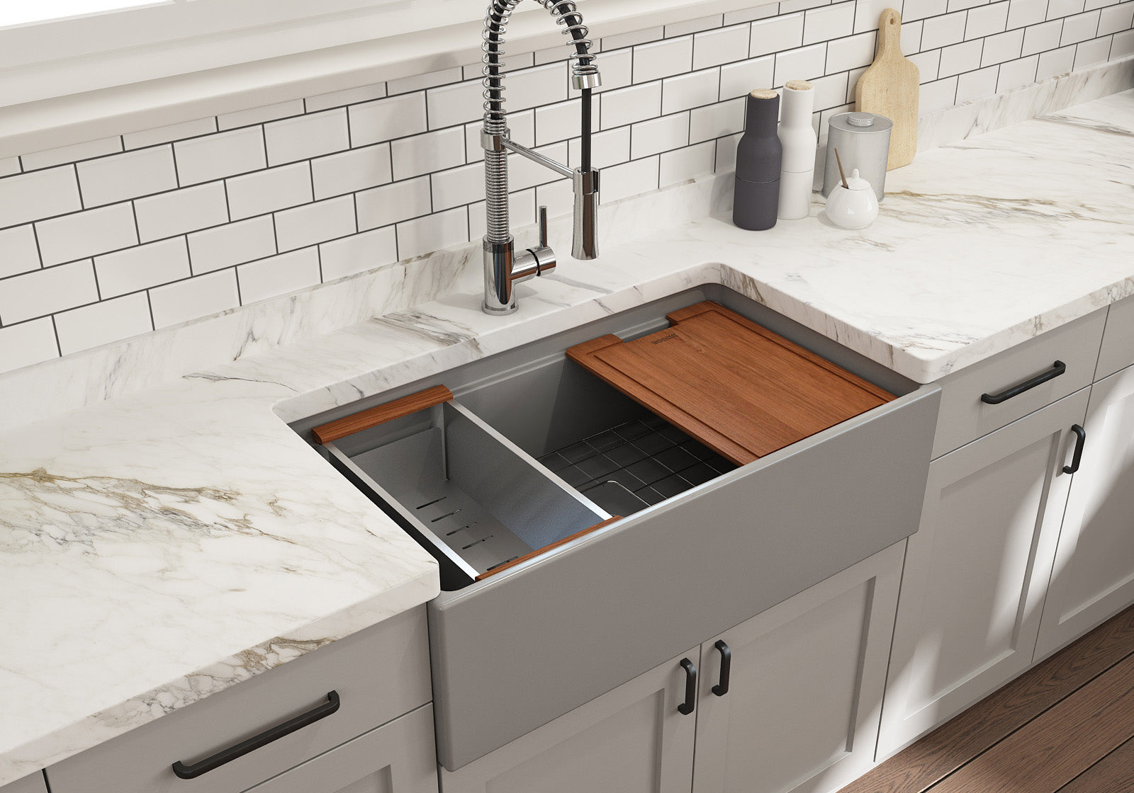 BOCCHI Contempo 33" Fireclay Workstation Farmhouse Sink with Accessories, Matte Gray, 1504-006-0120