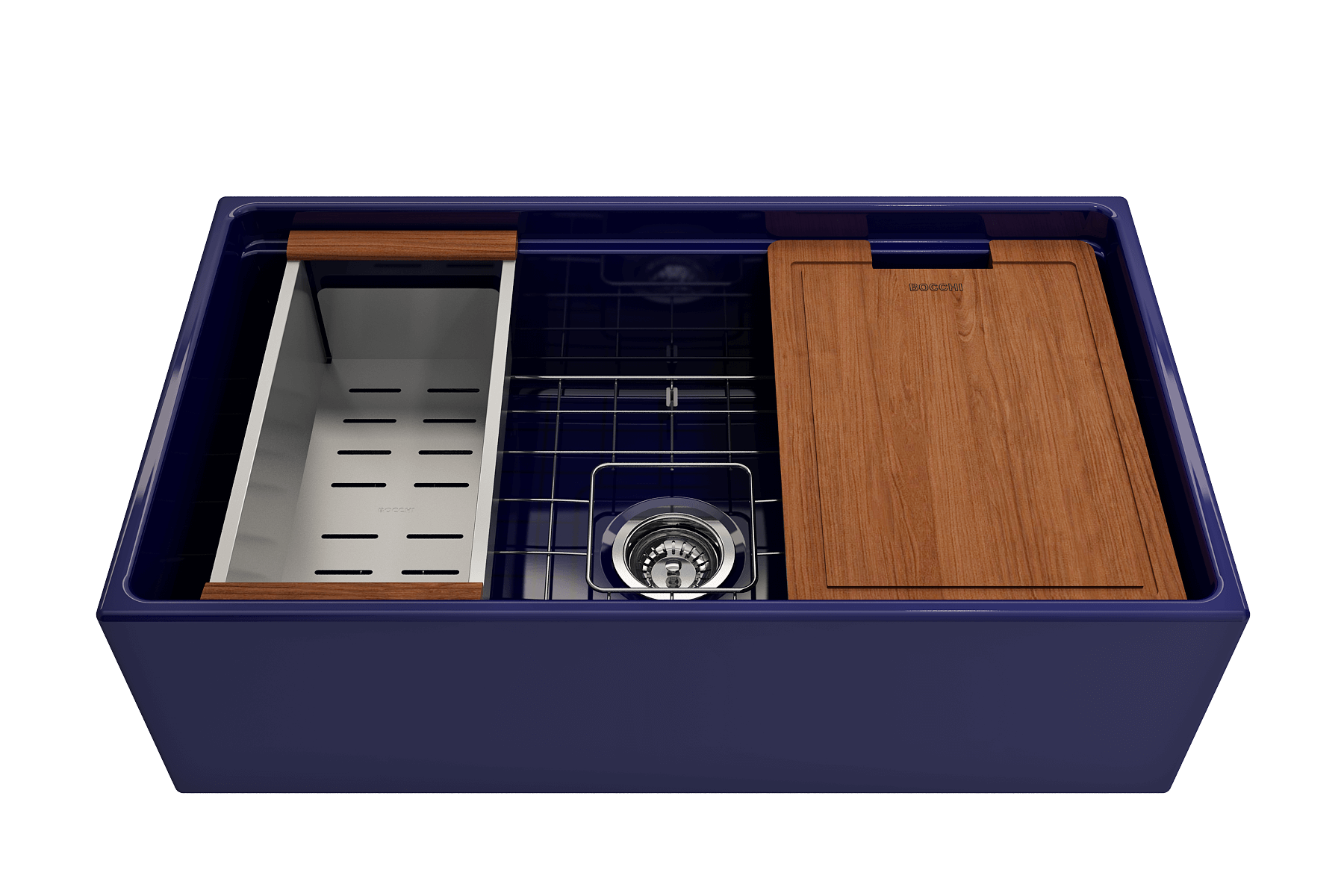 BOCCHI Contempo 33" Fireclay Workstation Farmhouse Sink with Accessories, Sapphire Blue, 1504-010-0120