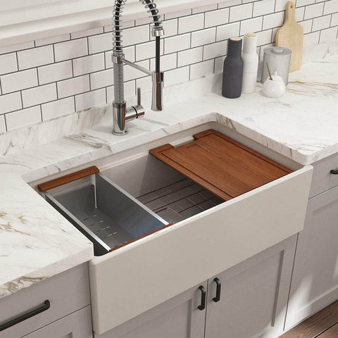 BOCCHI Contempo 33" Fireclay Workstation Farmhouse Sink with Accessories, Biscuit, 1504-014-0120