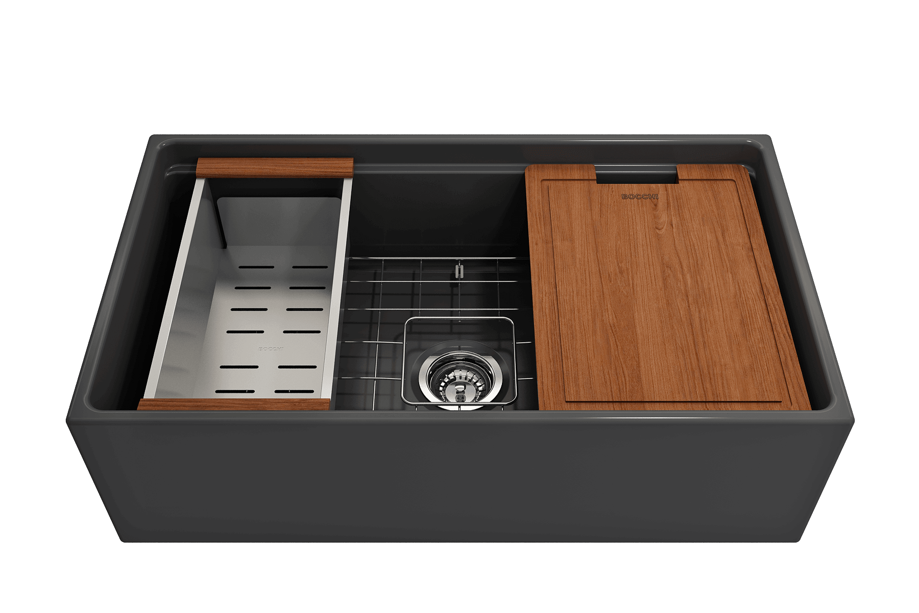 BOCCHI Contempo 33" Fireclay Workstation Farmhouse Sink with Accessories, Matte Dark Gray, 1504-020-0120