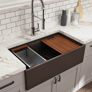 Alternate Image for BOCCHI Contempo 33" Fireclay Workstation Farmhouse Sink with Accessories, Matte Brown, 1504-025-0120