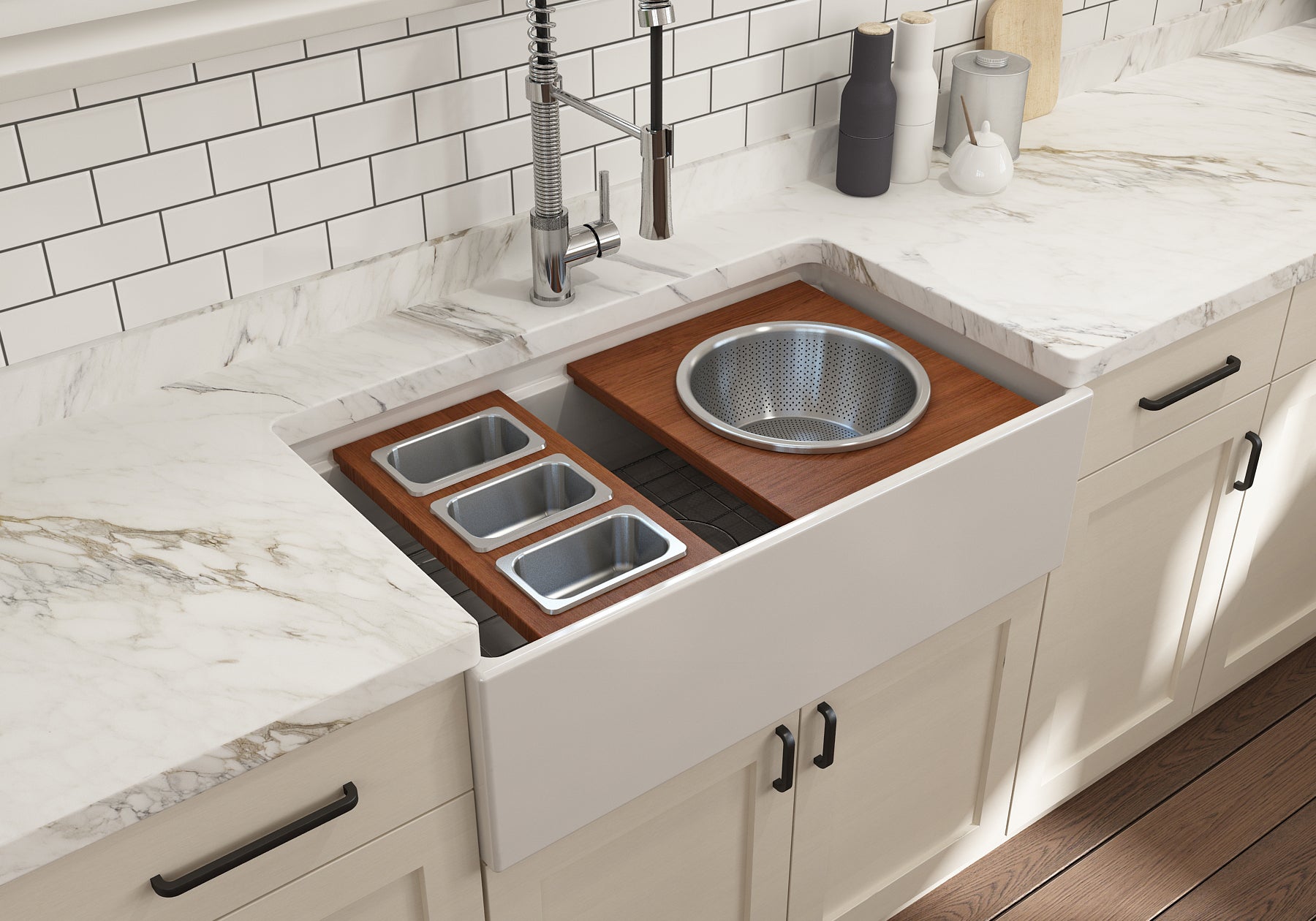 BOCCHI Wood Board with Large Round Stainless Steel Mixing Bowl and Colander