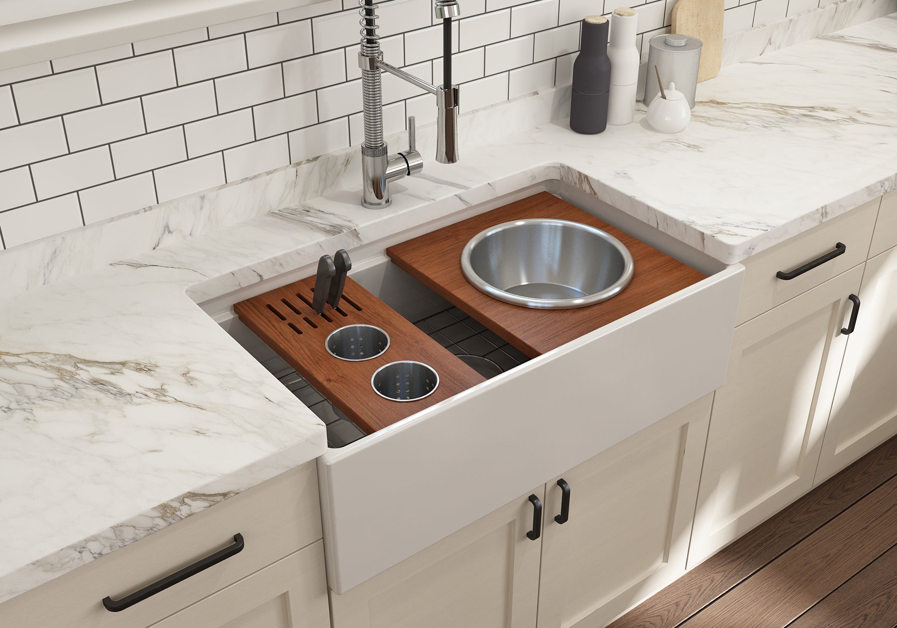BOCCHI Wood Board with Large Round Stainless Steel Mixing Bowl and Colander