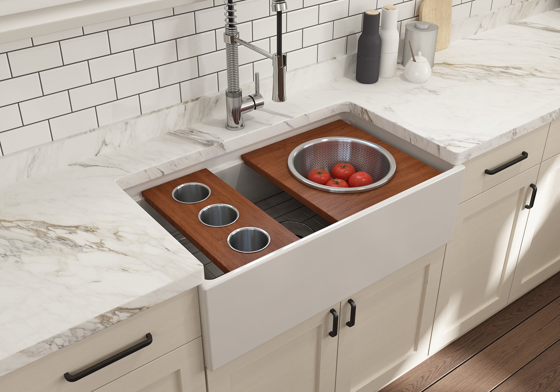 BOCCHI Wood Board with 3 Round Stainless Steel Bowls