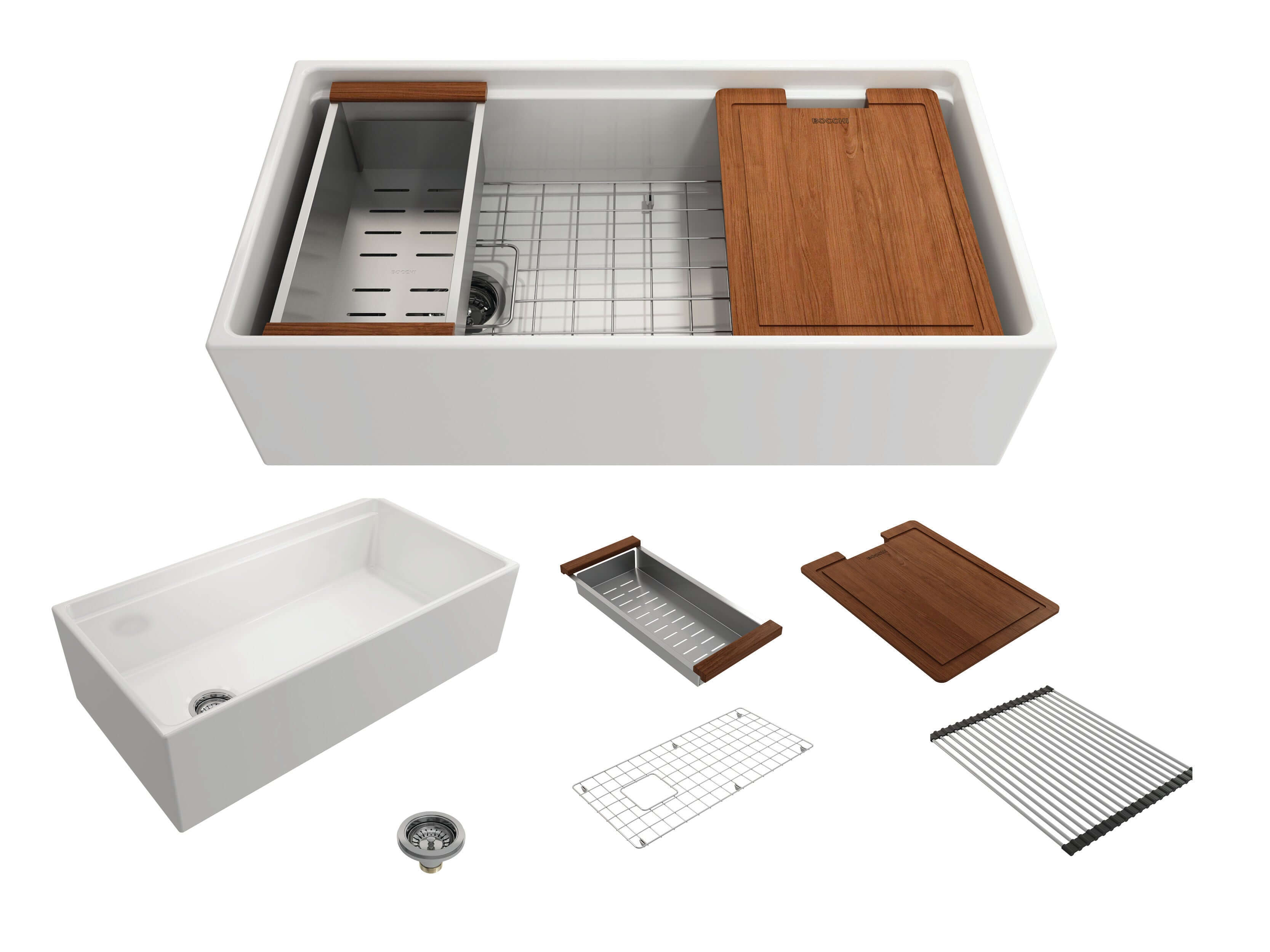 BOCCHI Contempo 36" Fireclay Workstation Farmhouse Sink with Accessories, White, 1505-001-0120