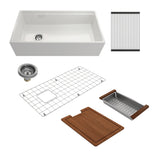 BOCCHI Contempo 36" Fireclay Workstation Farmhouse Sink Kit with Faucet and Accessories, White (sink) / Chrome (faucet), 1505-001-2020CH