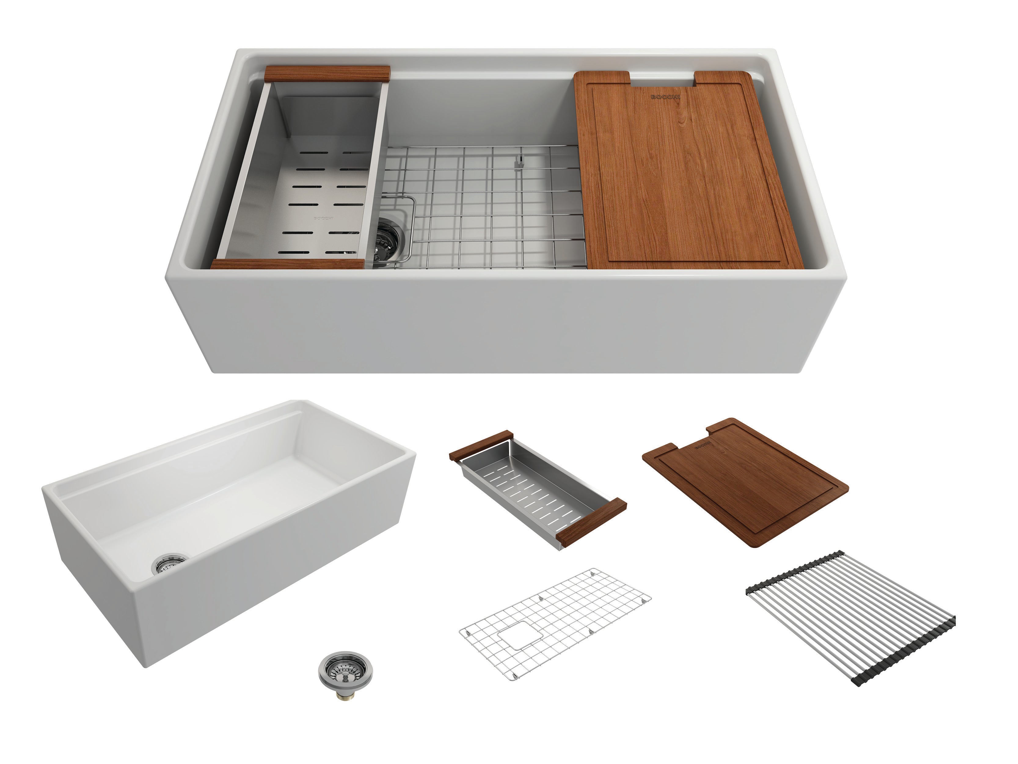 BOCCHI Contempo 36" Fireclay Workstation Farmhouse Sink with Accessories, Matte White, 1505-002-0120