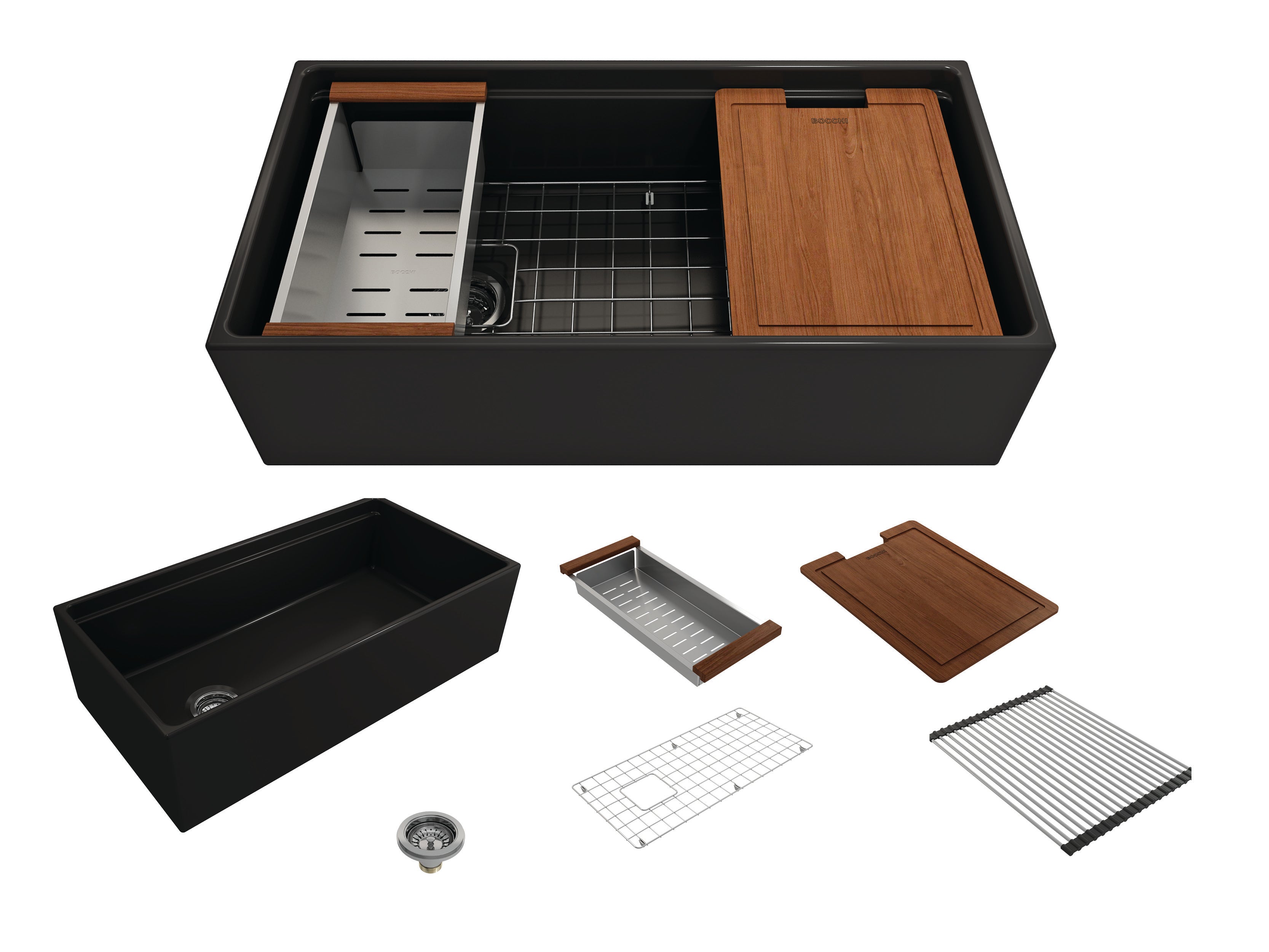BOCCHI Contempo 36" Fireclay Workstation Farmhouse Sink with Accessories, Matte Black, 1505-004-0120
