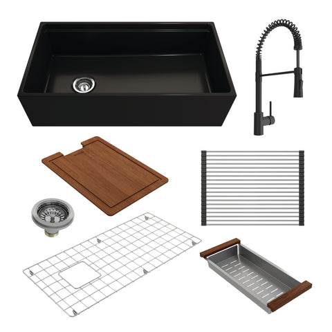 BOCCHI Contempo 36" Fireclay Workstation Farmhouse Sink Kit with Faucet and Accessories, Matte Black (sink) / Matte Black (faucet), 1505-004-2020MB