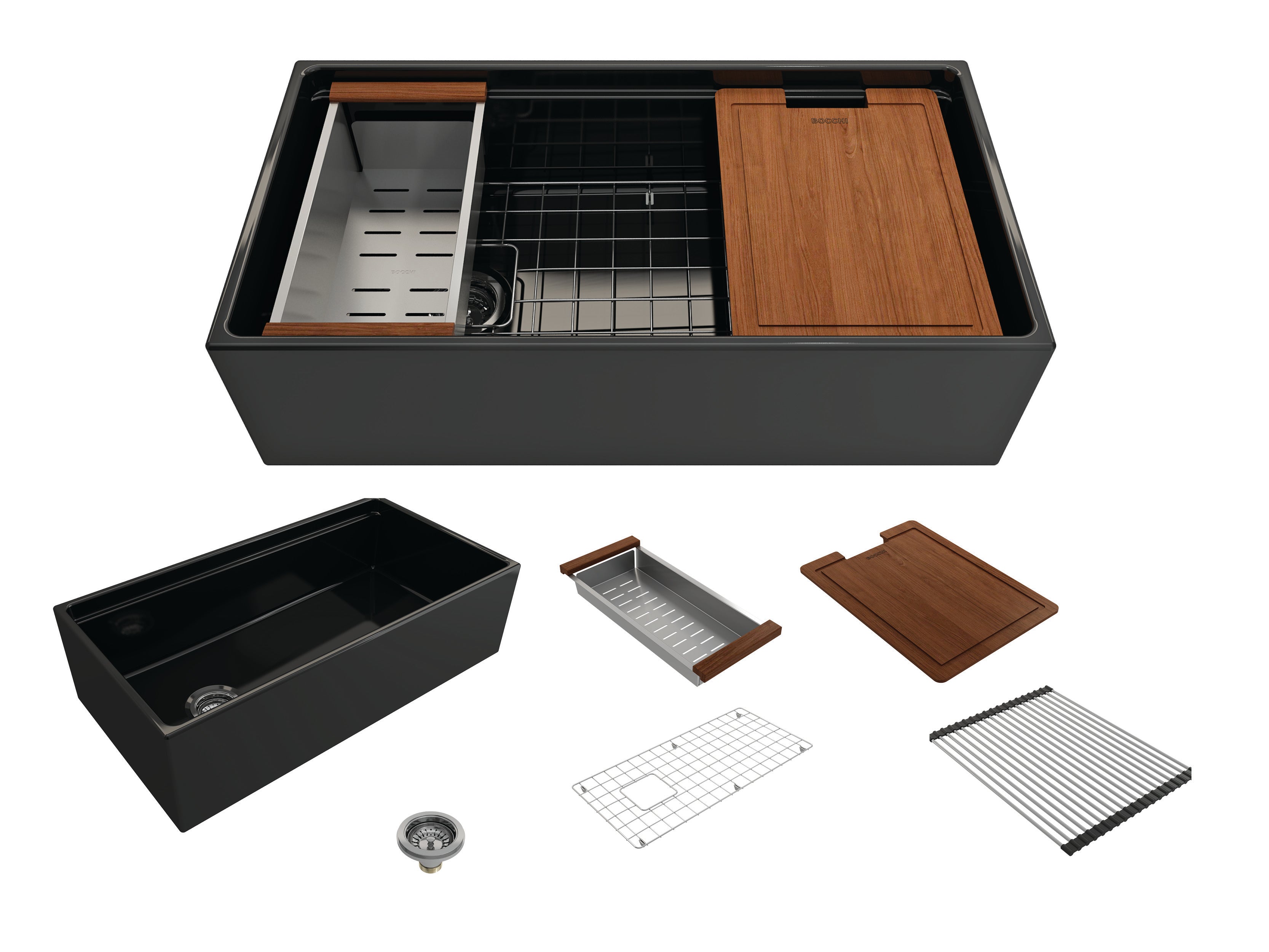 BOCCHI Contempo 36" Fireclay Workstation Farmhouse Sink with Accessories, Black, 1505-005-0120