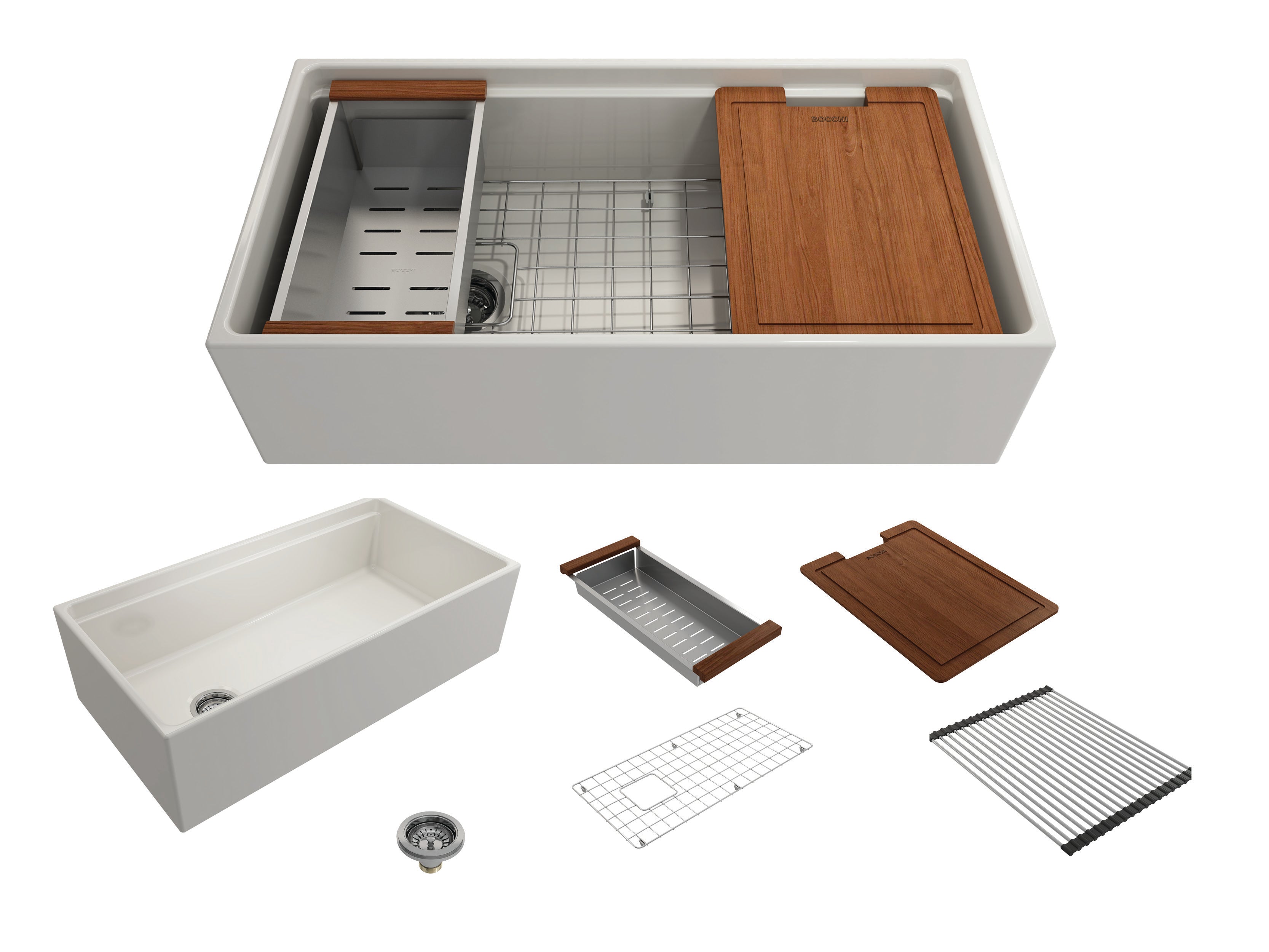 BOCCHI Contempo 36" Fireclay Workstation Farmhouse Sink with Accessories, Biscuit, 1505-014-0120