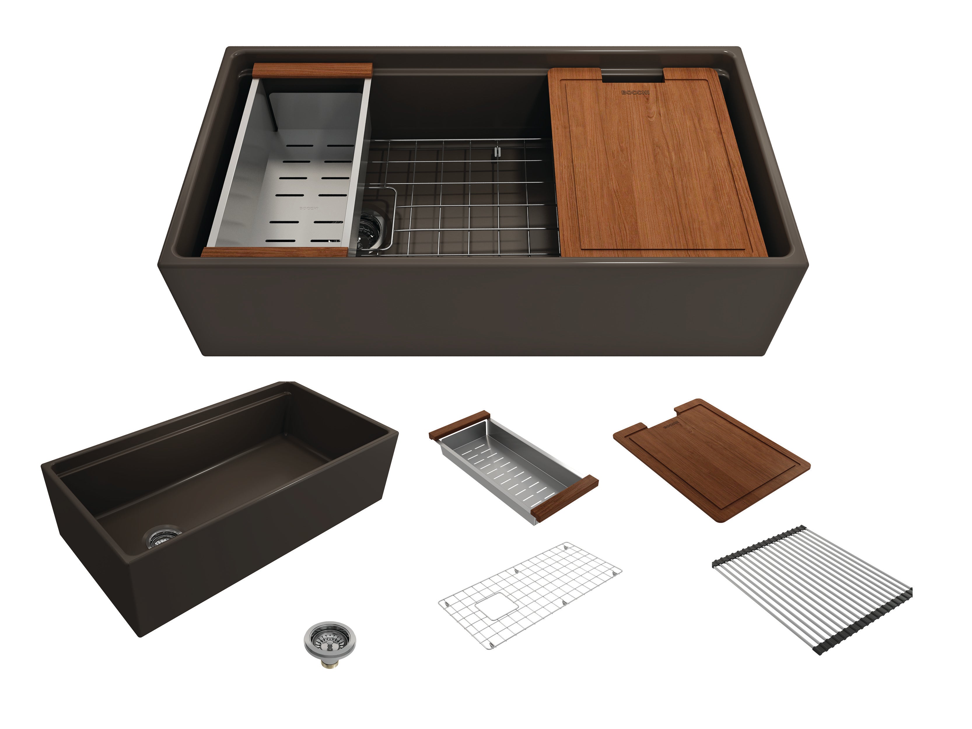 BOCCHI Contempo 36" Fireclay Workstation Farmhouse Sink with Accessories, Matte Brown, 1505-025-0120