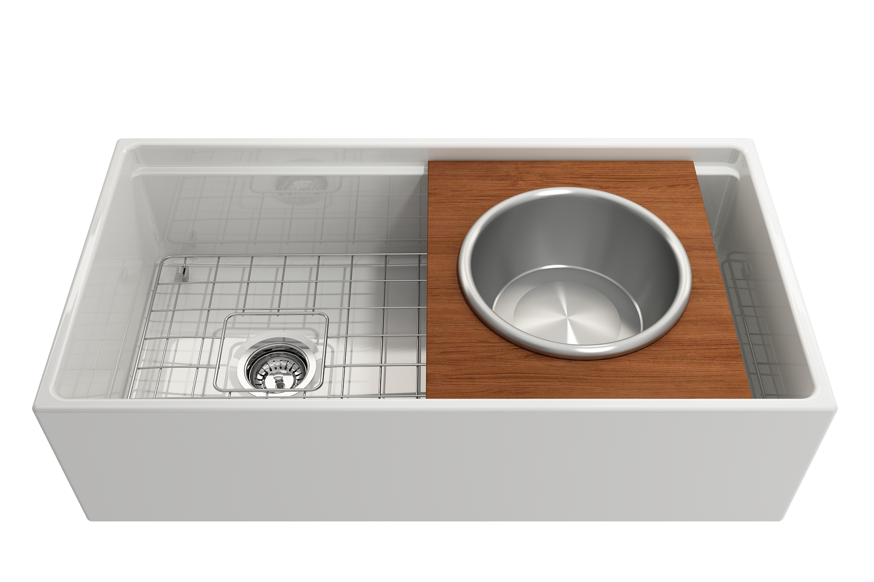 BOCCHI Wood Board with Large Round Stainless Steel Mixing Bowl and Colander