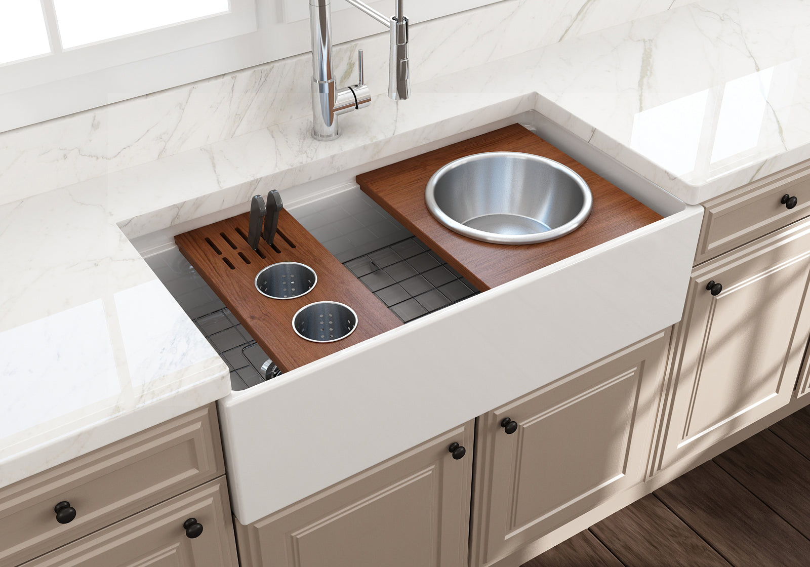 BOCCHI Wood Board with 2 Round Stainless Steel Bowls & Knife Holder
